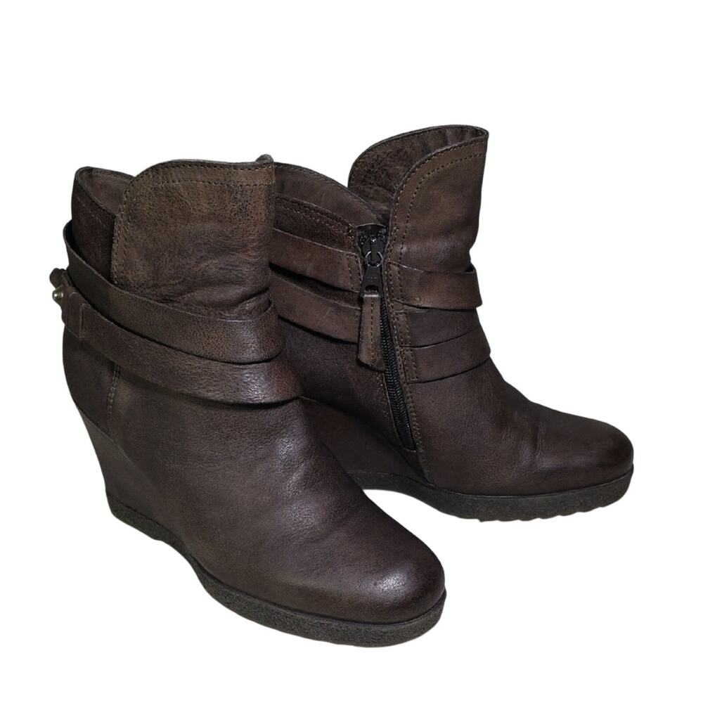 Miz Mooz Narcissa Wedge Brown Leather Ankle Boots Womens Size 38 7.5-8